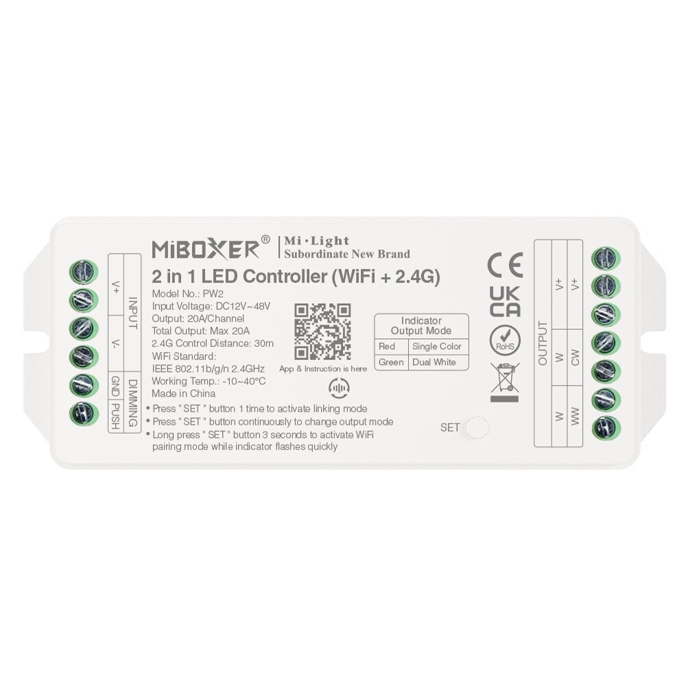 Mi-Light PW2 2 in 1 LED ohjain Max 20A (WiF i+ 2.4G + Push)